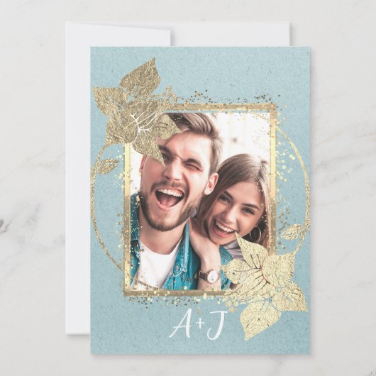 モノグラムフローラフォト金ゴールドフレームQRCodeブルークラフト 招待状 (裏面)