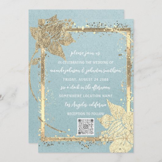 モノグラムフローラフォト金ゴールドフレームQRCodeブルークラフト 招待状 (正面/裏面)