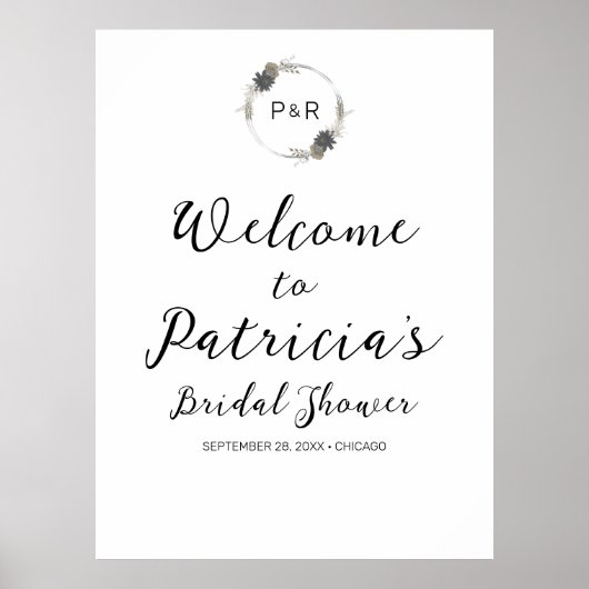 モノグラムフローラブライダルシャワーウェルカムサインボード ポスター (正面)
