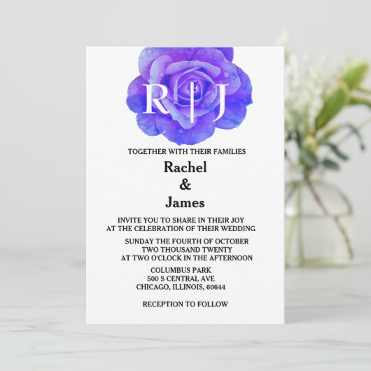 モノグラムフローラブルーバラフラワーエレガントな結婚式 招待状 (スタンド正面)