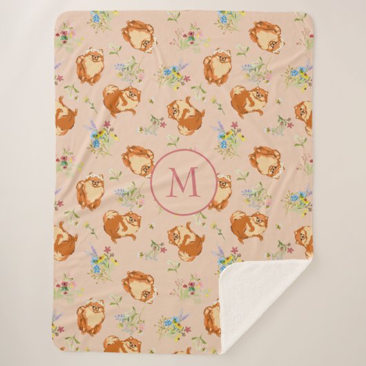 モノグラムフローラポメラニア犬パターン赤面ピンク シェルパブランケット (正面)