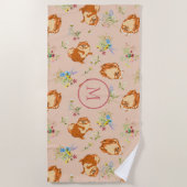 モノグラムフローラポメラニア犬パターン赤面ピンク ビーチタオル (正面)