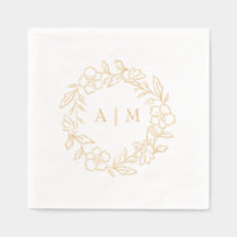 モノグラムフローラリースゴールドフォイル結婚ズナプキンス