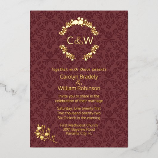 モノグラムフローラリースワインダマスクウェディング 箔招待状 (正面)