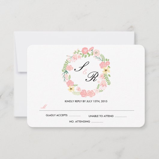 モノグラムフローラリース結婚式RSVPカード 出欠カード (正面)