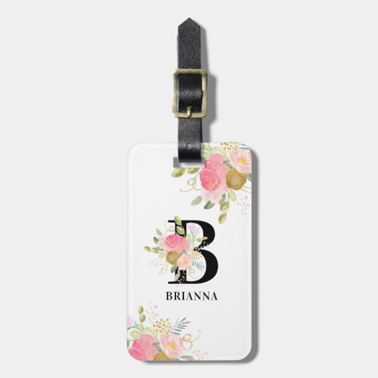 モノグラムフローラレターピンクと金ゴールドブーケ ラゲッジタグ (正面縦)
