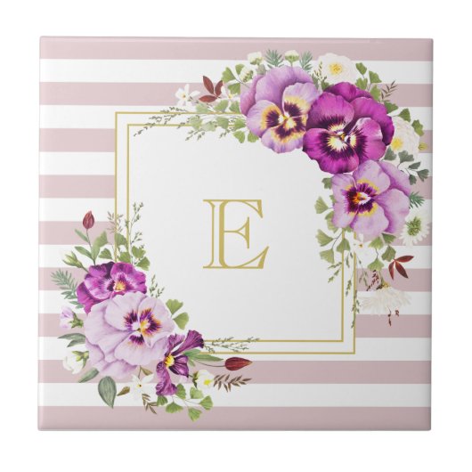 モノグラムフローラヴィンテージパンシーパープルストライプズ タイル (正面)