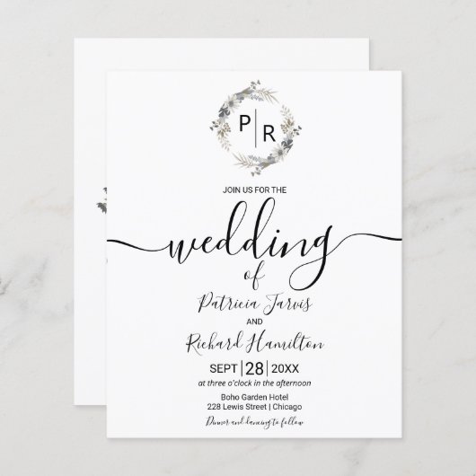 モノグラムフローラ予算結婚式招待状 (正面/裏面)