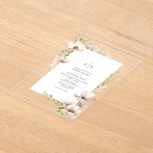 モノグラムフローラ赤面オフホワイトボタニカル結婚ズ アクリル招待状 (レイダウン)