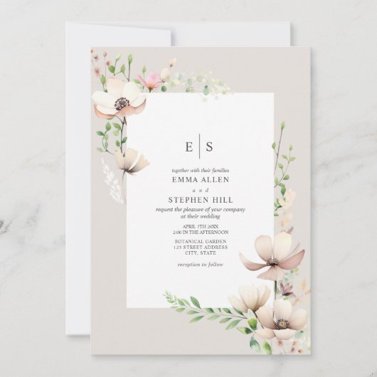 モノグラムフローラ赤面オフホワイトボタニカル結婚ズ 招待状 (正面)