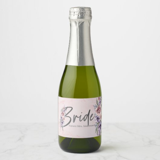 モノグラムブライドバラ大理石ウォーターカラーフローラ スパークリングワインラベル (正面)