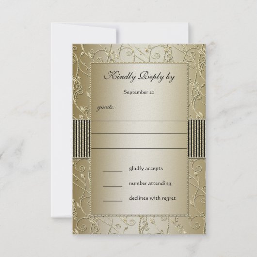 モノグラムブラックおよび金ゴールドフローラ結婚スワール 招待状 (正面)