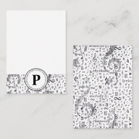 モノグラムブラックとホワイトのヴィンテージミュージックノート ノートカード (正面/裏面)