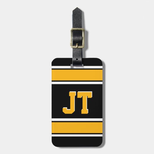 モノグラムブラックと金ゴールドスポーツストライプズ ラゲッジタグ (正面縦)