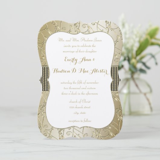 モノグラムブラックと金ゴールド結婚スワール 招待状 (スタンド正面)