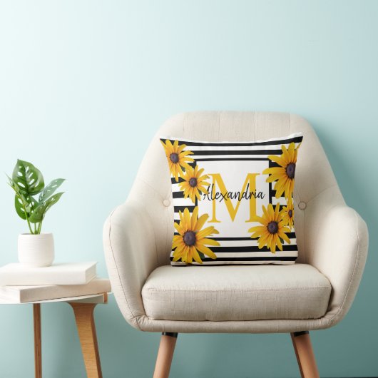 モノグラムブラックアイドスーザンイエローブラックストライプ クッション (椅子)