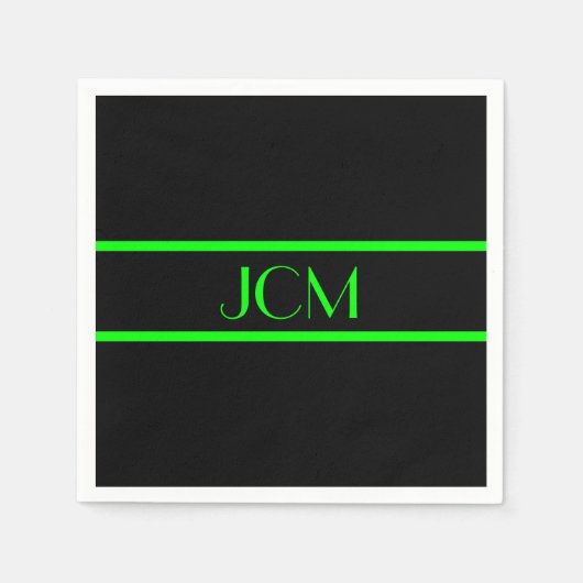 モノグラムブラックアンドライムグリーンストライプ スタンダードカクテルナプキン (正面)