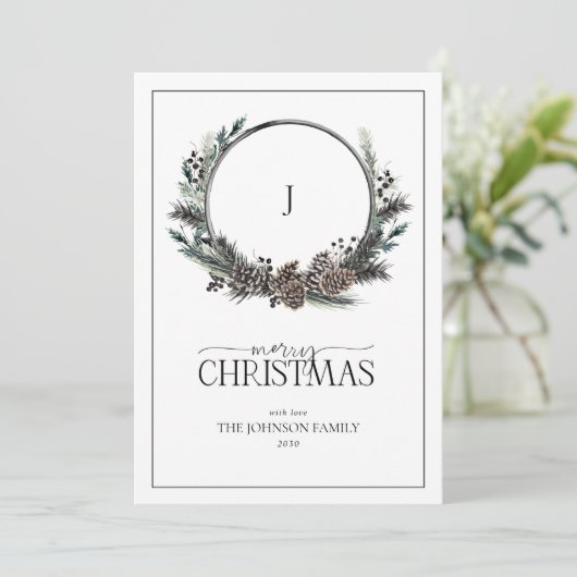 モノグラムブラックウィンターベリーリースメリークリスマス シーズンカード (スタンド正面)