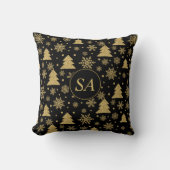 モノグラムブラックゴールデンクリスマスツリーの雪片 クッション (正面)