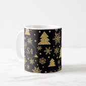 モノグラムブラックゴールデンクリスマスツリーの雪片 コーヒーマグカップ (正面左)