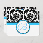 モノグラムブラックダマスクとティール(緑がかった色)アクアブルートリム 出欠カード (正面/裏面)