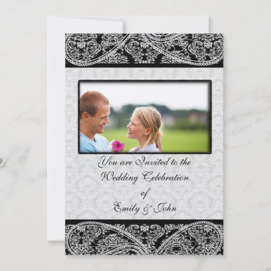 モノグラムブラックダマスクウェディング招待状写真 招待状 (正面)