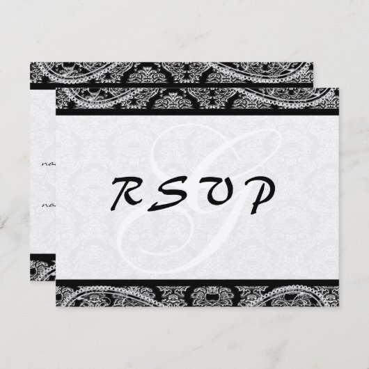 モノグラムブラックダマスク結婚式の応答RSVP 出欠カード (正面/裏面)