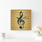 モノグラムブラックトレブルクレフ、 音符記号オンゴールデンストライプズ スクエア壁時計 (ホーム)