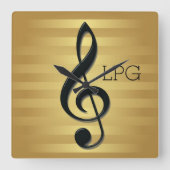 モノグラムブラックトレブルクレフ、 音符記号オンゴールデンストライプズ スクエア壁時計 (正面)