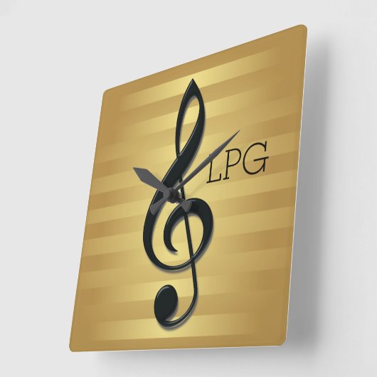 モノグラムブラックトレブルクレフ、 音符記号オンゴールデンストライプズ スクエア壁時計 (傾斜)