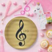 モノグラムブラックトレブルクレフ、 音符記号オンゴールデンストライプズ ペーパープレート (パーティー)