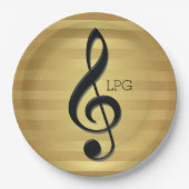 モノグラムブラックトレブルクレフ、 音符記号オンゴールデンストライプズ ペーパープレート (正面)