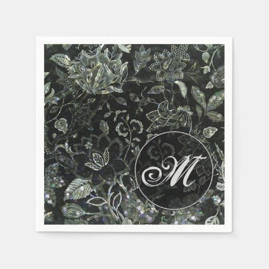 モノグラムブラックヴィンテージフローラナプキン スタンダードカクテルナプキン (正面)