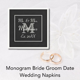 モノグラムブラック新郎新婦結婚デート紙 スタンダードカクテルナプキン