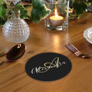 モノグラムブラック金ゴールドエレガントスクリプト名 ラウンドペーパーコースター