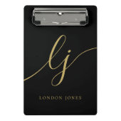 モノグラムブラック金ゴールドスクリプトイニシャルプロフェッショナル ミニクリップボード (正面)