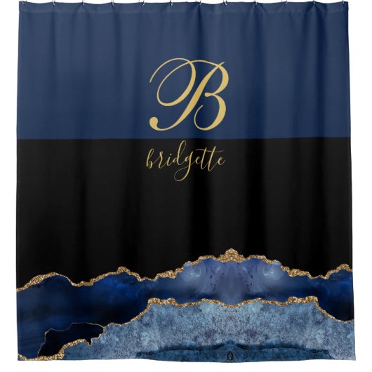 モノグラムブラック金ゴールドネイビーアゲード シャワーカーテン (正面)