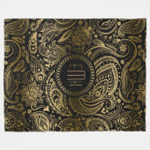モノグラムブラック金ゴールドペイズリーパターン フリースブランケット (正面(横))