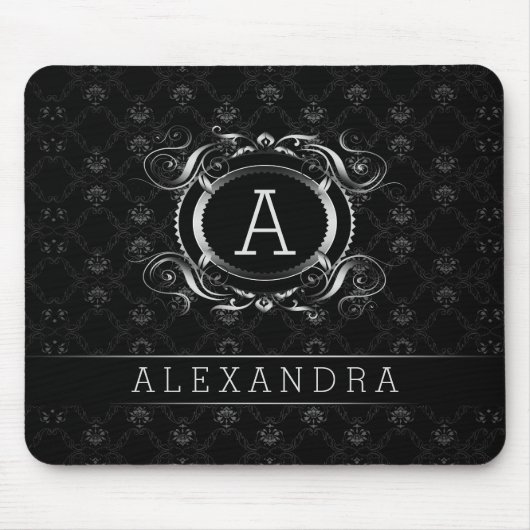 モノグラムブラック&シルバーグレーバロックフレーム マウスパッド (正面)