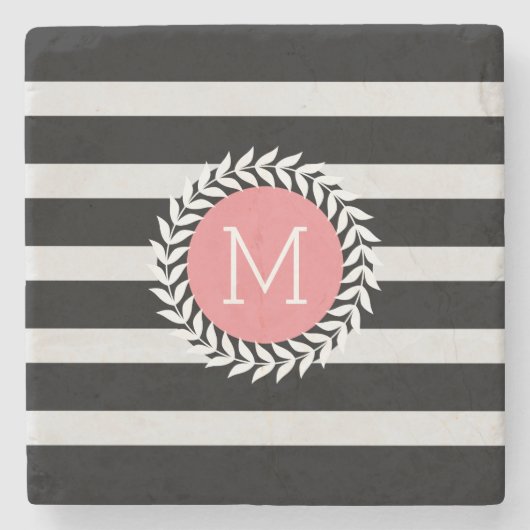 モノグラムブラック&ホワイトストライプリース ストーンコースター (正面)