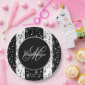 モノグラムブラック&ホワイトミュージカルストライププレート ペーパープレート (パーティー)