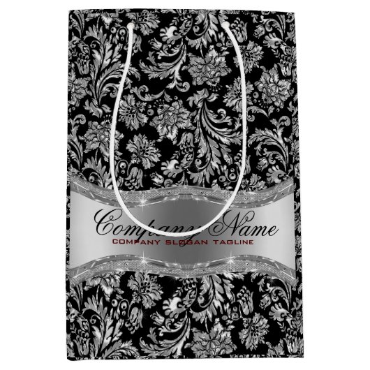 モノグラムブラック&メタリックシルバーフローラダマスク ミディアムペーパーバッグ (正面)