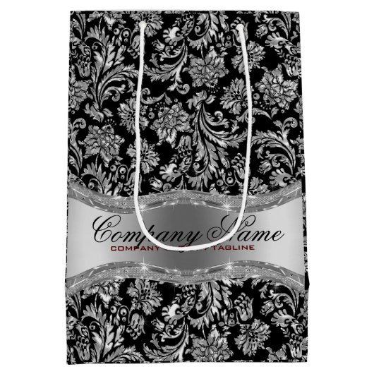 モノグラムブラック&メタリックシルバーフローラダマスク ミディアムペーパーバッグ (裏面)