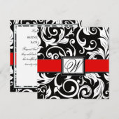 モノグラムブラック&レッドダマスクウェディング招待状 招待状 (正面/裏面)