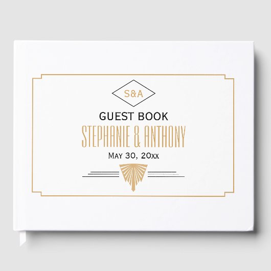 モノグラムブラック、金ゴールドとホワイトアールデコ結婚ズ ゲストブック (正面)