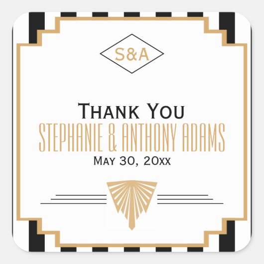 モノグラムブラック、金ゴールドとホワイトアールデコ結婚ズ スクエアシール (正面)