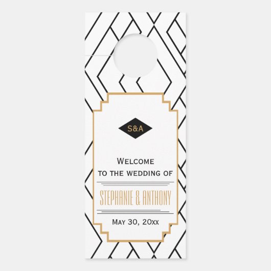 モノグラムブラック、金ゴールドとホワイトアールデコ結婚ズ ドアノブサイン (正面)