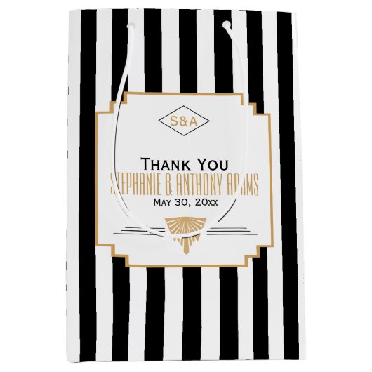 モノグラムブラック、金ゴールドとホワイトアールデコ結婚ズ ミディアムペーパーバッグ (正面)