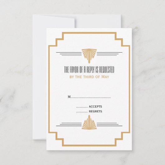 モノグラムブラック、金ゴールドとホワイトアールデコ結婚ズ 出欠カード (正面)