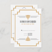 モノグラムブラック、金ゴールドとホワイトアールデコ結婚ズ 出欠カード (正面/裏面)